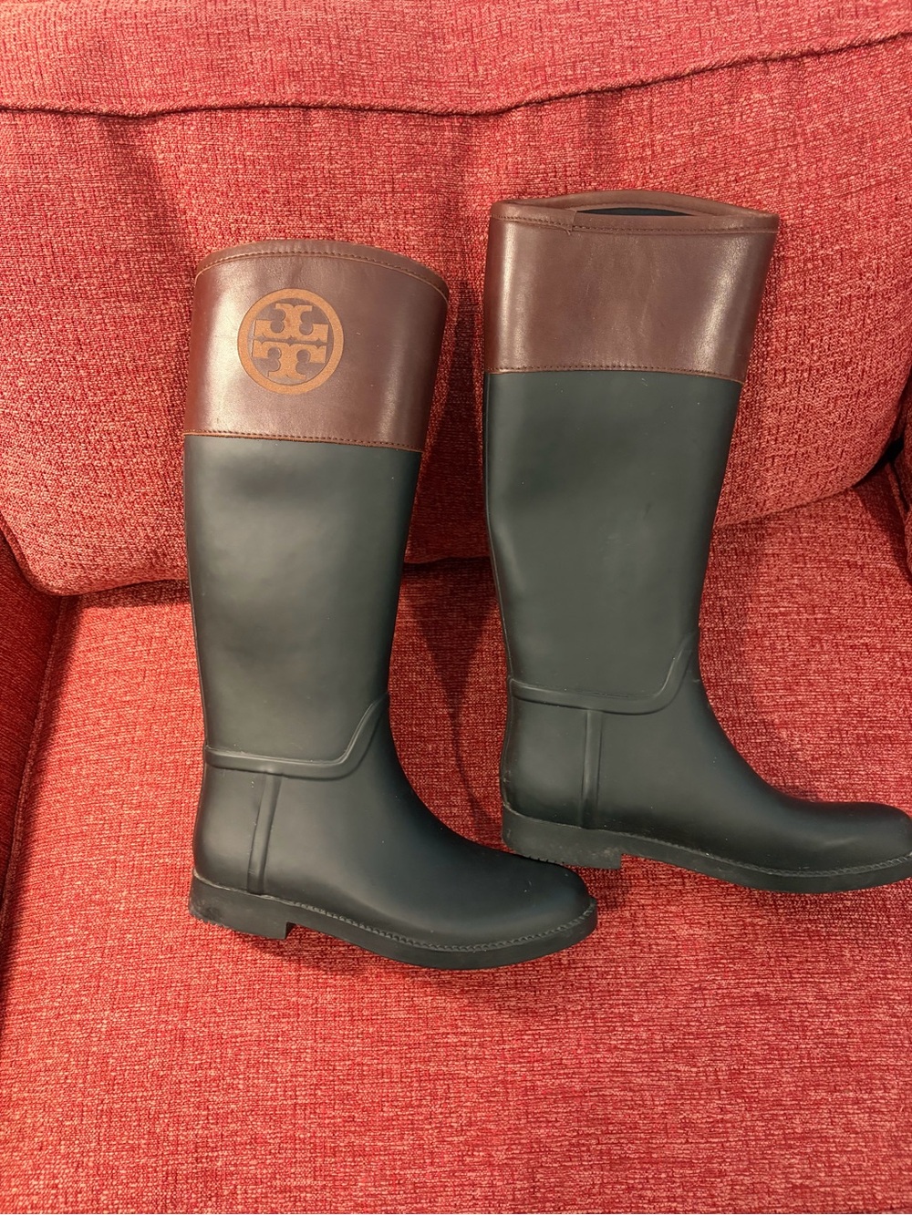 Tory Burch Black and Brown Tall Logo Rain Boots